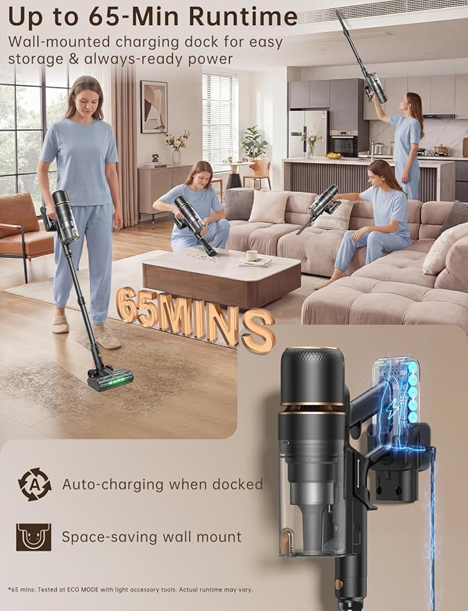 OXVAC Cordless Vacuum Cleaner 600W/58000Pa 65-Minute Run Time Cordless Stick Vacuum with Self-Cleaning Filtration System Freestanding Tangle-Free Suitable for Carpets/Floors/Pet Hair