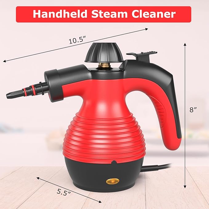 COSTWAY Handheld Steam Cleaner 1050W Portable Household Steamer with 9 Accessories 12 oz Water Tank Multipurpose Pressurized Steam Cleaning Machine for Floor Window Grease Grime (Red)