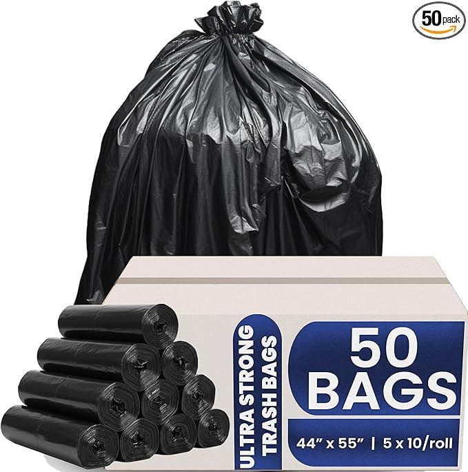 Ultra-Strong Trash Bags 44x55 Inches 2 Mils Thick 50 Count – Heavy Duty Black Garbage Bags with Star Seal Bottom 65 Gallon Capacity