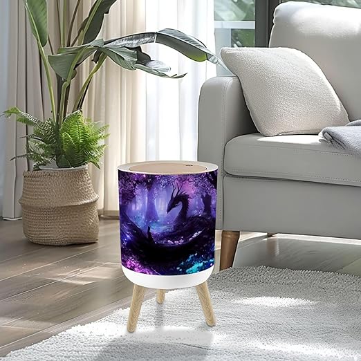 Small Trash Can with Lid beautiful black dragon night forest peacefully lying clearing 1.8 Gallon/7L Garbage Can Waste Bin with Press Top Lid Wood Legs Wastebasket for Bathroom Kitchen Bedroom