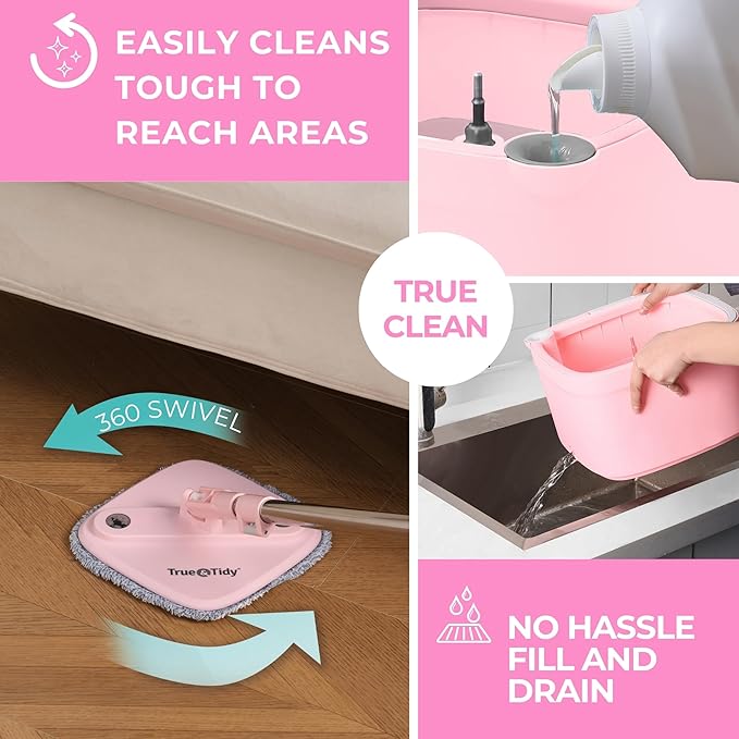 Square Spin Mop &amp Bucket Smart Floor Mop with Separate Compartments for Clean and Dirty Water Self Cleaning 2025 Upgraded Version w/Side Brush &amp Self-Standing Handle Rose