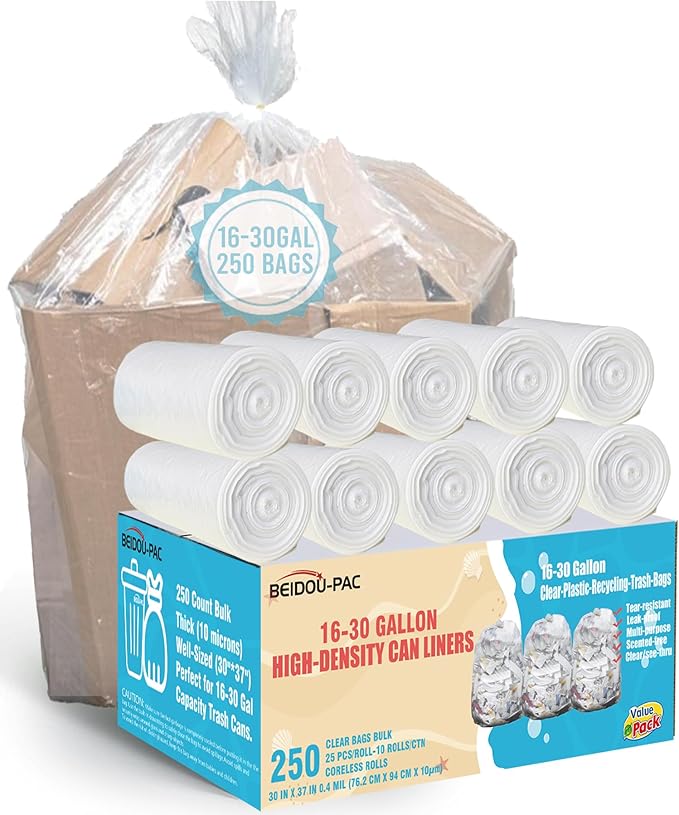 16-20-30 Gallon Trash Bags 250 Count Unscented Clear Plastic Recycling Bags