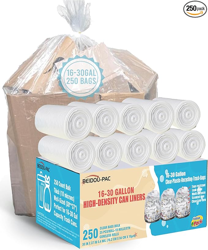 16-18-20-30 Gallon Trash Bags 250 Count Bulk Clear Plastic Recycling Bags Multi-purpose Garbage Bags Can Liners for Business Home Kitchen Commercial and Industrial