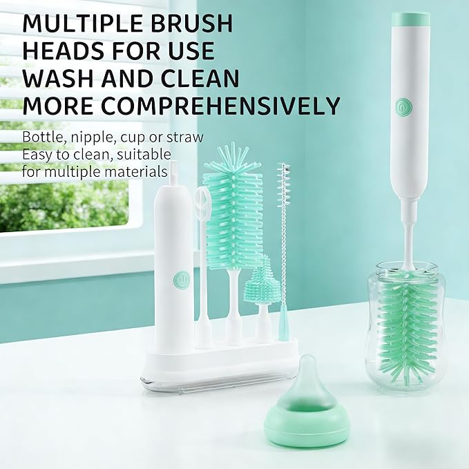 Rechargeable Electric Bottle Brush with Stand - 360° Spin Silicone Cleaner for Baby Bottles Breast Pumps &amp Small Household Containers (Light Green)