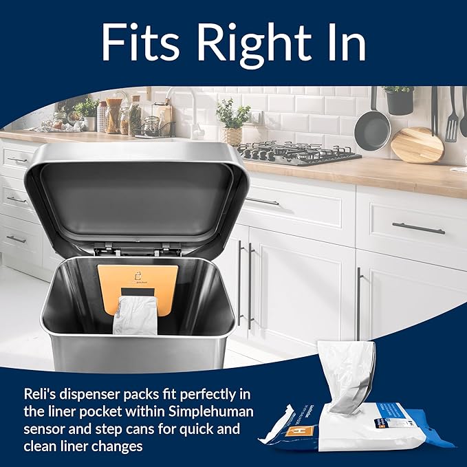 Reli. SuperFit Code H (120 Count) | Compatible with Simplehuman Code H | Dispenser Pack Custom Fit Liners | Drawstring Trash Bags | 30-35 Liter / 8-9 Gallon | White