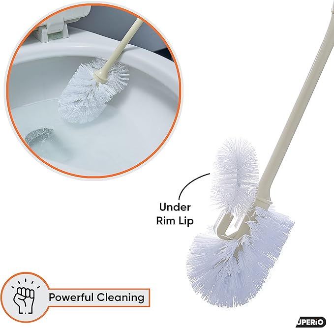 Superio Toilet Bowl Brush and Holder with Under Rim Cleaner for Bathroom Toilet Brush and Caddy with Non Scratch Bristles and Under Rim Lip Brush Beige (2 Pack)