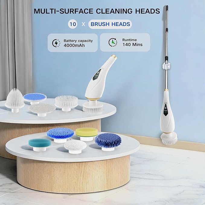 Electric Spin Scrubber Cordless Shower Cleaning Brush with 10 Replaceable Brush Heads Extendable Handle Up to 59 2 Speed Waterproof 2H Cleaning Time for Bathroom Shower Tile Glass Car