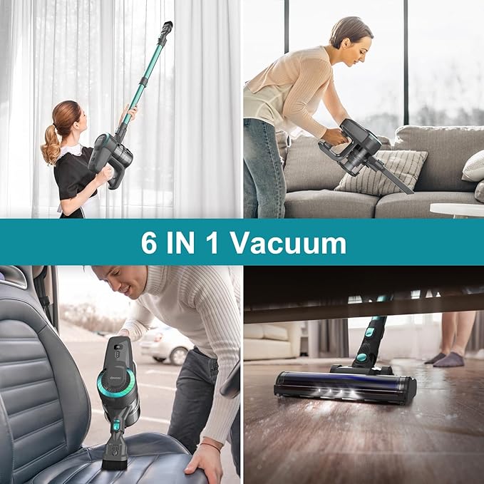 DEVOAC N300 Cordless Vacuum Cleaner 6 in 1 Lightweight Stick Vacuum 2200mAh Battery Up to 40mins Runtime Powerful Handheld Vacuum for Hard Floor Rug Pet Hair Home Dorm (Waterfall)