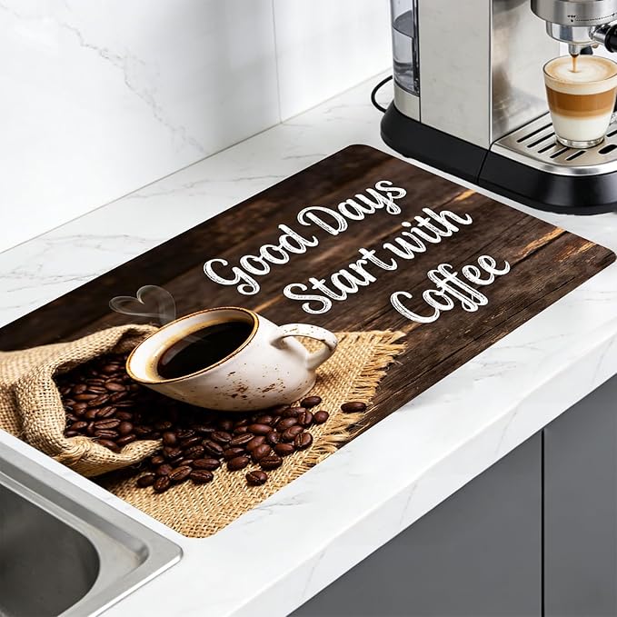 Nuxovilar Coffee Bar Mat Rustic Quote Pattern Dish Drying Pad Natural Rubber Canvas 16.92 x 31.1 inchs Coffee Accessories Counter Surface Kitchen Beverage Area