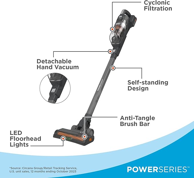 BLACK+DECKER POWERSERIES 20V MAX Cordless Stick Vacuum Cleaner Household Vacuum Cleaners for Hardwood Floors and Carpet LED Lights Detachable Anti-Tangle Lightweight Bagless (BHFEA18D1)
