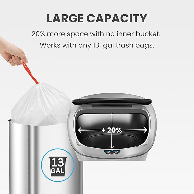 SensorCan 13 Gallon Touchless Sensor Odor Control System Stainless Steel Oval Shape Automatic Garbage Bin Base Model Trash Can