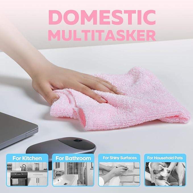 Fantasticlean XL Tear-Away Microfiber Cleaning Cloth Roll 16'' by 16''- 36 Sheets Thick &amp Large Detailing Towels Ultra Absorbent Lint-Free Reusable Wipes for All-Around Cleaning (Glossy Pink)