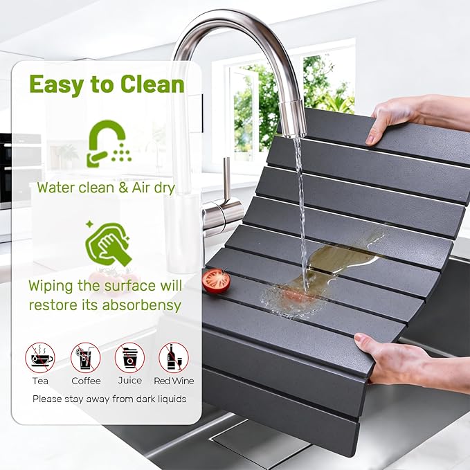 Large Stone Dish Drying Mat for Kitchen Counter Foldable Diatomaceous Earth Drying Mat Quick Water Absorbing Eco-Friendly Mat for Dishes Dark Gray