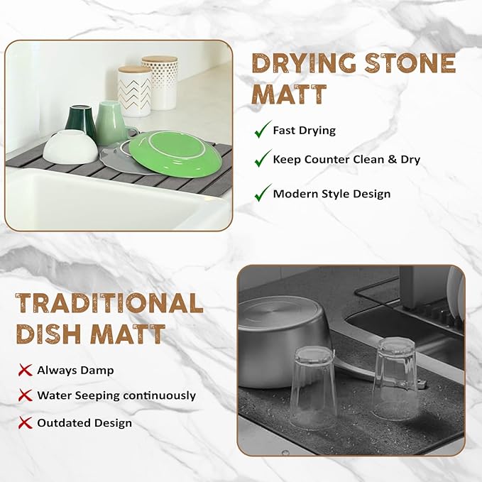 Foldable Stone Dish Drying Mat for Kitchen Counter 24” x 16” Large Diatomaceous Earth Quick Dry Mat Absorbent Sink Tray with Brush for Dishes Cups and Bottles