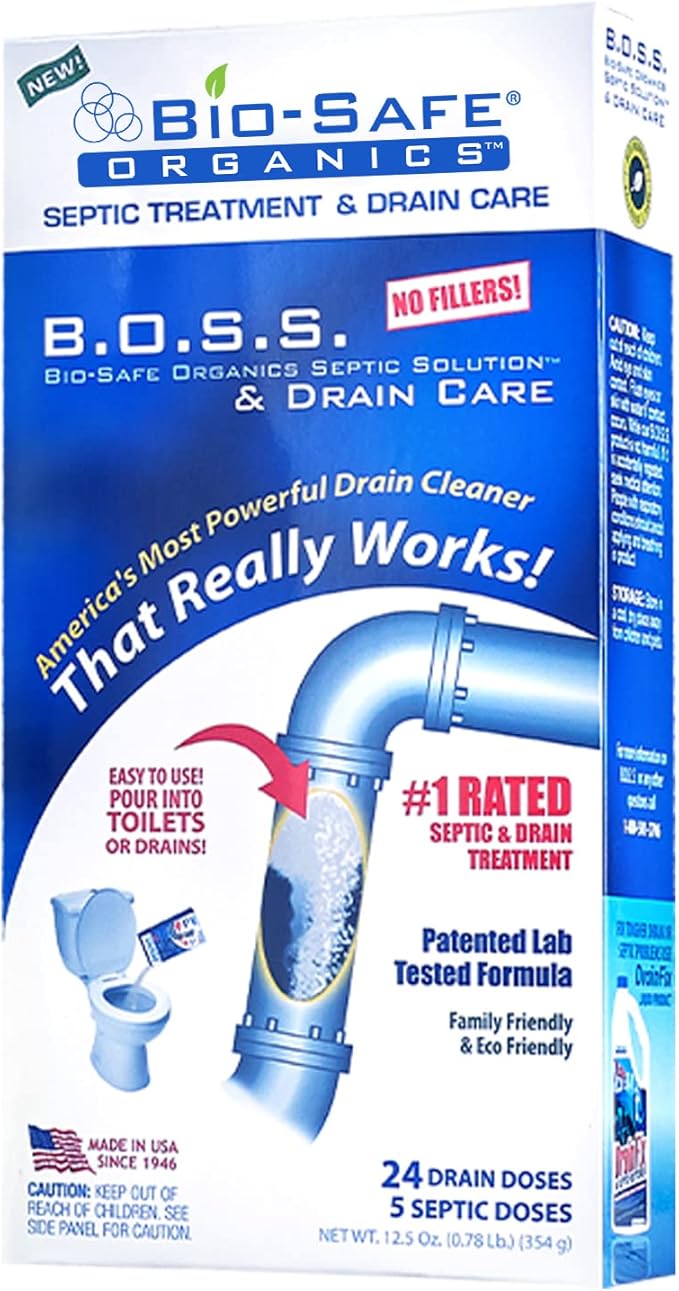 B.O.S.S. Septic Tank Treatment - 12.5oz Powder - 24 Drain or 5 Septic Doses - Patented Bacterial Enzyme - 100% Treats Odors Clogs Backups Pumpouts &amp Repairs - Works in All Septic Systems - Made in