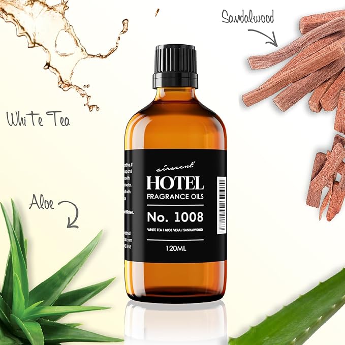 AirScent Hotel Diffuser Oil No. 1008 - White Tea Aloe Vera &amp Sandalwood - Hotel Scent Dupe - Premium Fragrance Oil for Ultrasonic and Waterless Diffusers and Crafting - 120 mL 4 fl oz Glass Bott
