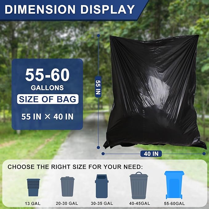 55-60 Gallon Trash Bags Heavy Duty 2.1 Mil - 39''x55'' 100 Count Extra Thick Black Garbage Bags Unscented Strong Huge Can Liners for Construction Industrial Yard Outdoor Commercial