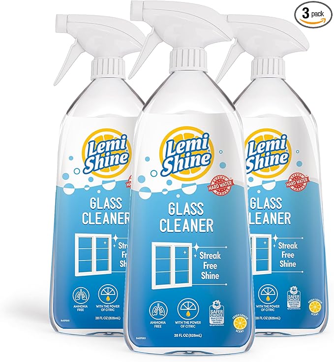 Lemi Shine Glass &amp Surface Cleaner - Multi-Surface Glass Cleaner Spray with Powerful Citric Acid Cleans Smudges and Streaks From Windows Glass And Mirrors 28oz - 3 Pack