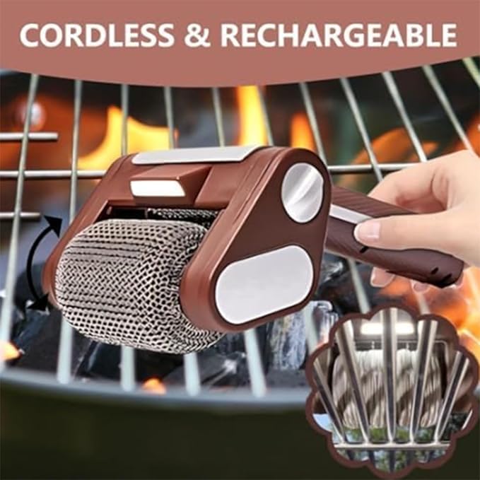 Cordless Electric BBQ Grill Cleaner with Its Rechargeable BBQ Brush and Stainless Steel Wheels is Ideal for Outdoor Cooking.