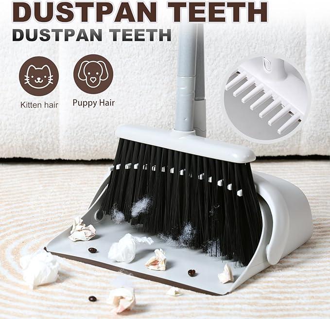 54 Long Handled Broom and Dustpan Set - Perfect Dust Pan and Brush Combo for Efficient Cleaning Brown and White