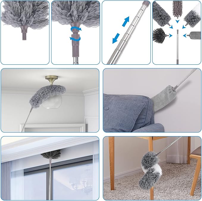 Microfiber Extendable Feather Duster (11pcs) with 100 Extension Pole Washable Reusable Bendable Dusters for Cleaning Ceiling Fan High Ceiling TV Blinds Cars