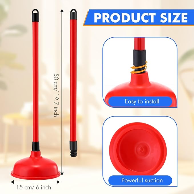 12 Pack Toilet Plungers Bulk with 19.7 Inch Long Handle Force Suction Cup Rubber Plunger for Bathroom to Fix Clogged Toilets Drains (Red)