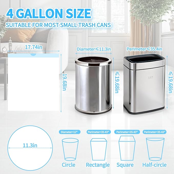 300 Count Small Trash Bags for 4-Gallon (15 L) Trash Cans Thick Pre-separated Garbage Bags Mini Wastebasket can Liners for Bathroom Bedroom Office(White)