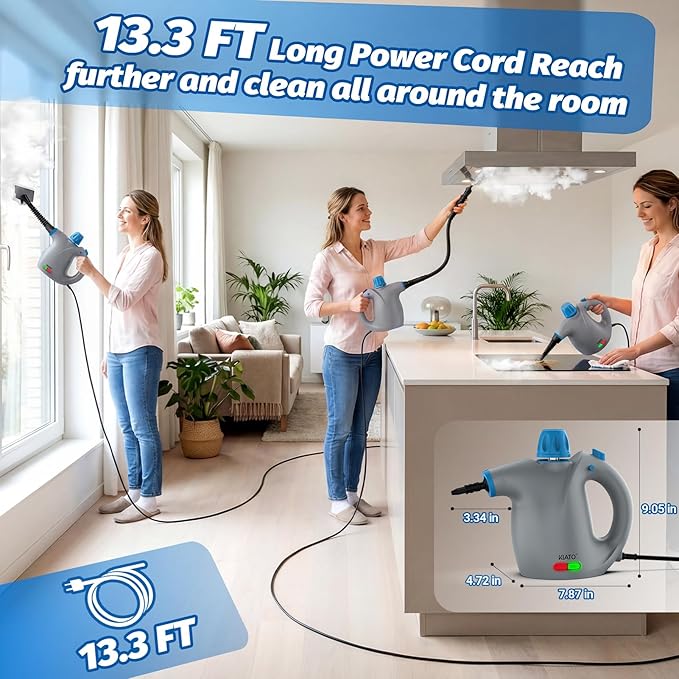 KIATO Handheld Steam Cleaner Hand Held Steamer for Cleaning Home Portable Pressurized Steamers for Upholstery Furniture Sofa Couch Floor Tile Grout Bathroom Grey SC23