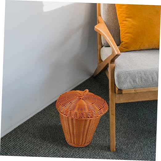 Vaguelly Woven Trash Can with Lid Imitation Rattan Wastebasket for Home Office Sturdy Storage Container for Sundries Stylish Bedroom and Living Room Garbage Basket