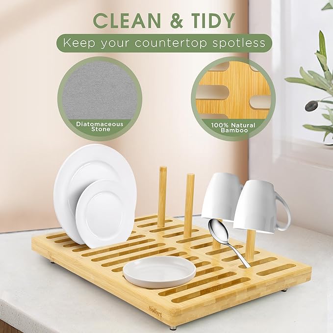 Sofort Stone Drying Mat for Kitchen Counter Quick Dry Ultra Absorbent Dish Drying Mat with Bamboo Rack Diatomaceous Earth Drying Pad for Dishes Plates Mugs 16″x12″