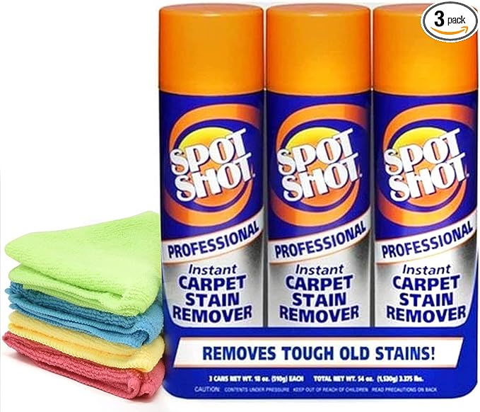 Spot Shot 18 oz Professional Carpet Stain Remover 3 Pack and 4 UBEN Microfiber 12x12 Cleaning Cloths Included