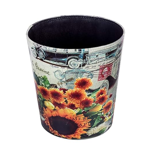 Leather Trash Can Retro Decorative Waste Basket 10L Capacity Small Waste Paper Basket Waterproof Garbage Can for Bathroom Bedroom Office Kitchen and Living Room - Sunflower
