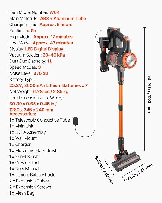 VEVOR Cordless Vacuum Cleaner 40KPA Max Suction Rechargeable Anti-Tangle Stick Vacuum with LED Display Screen Lightweight Handheld Vac with 47mins Runtime for Home Carpet Pet Hair Hard Floor
