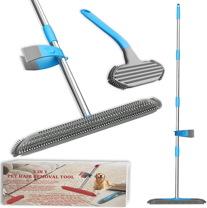 Carpet Rake for Pet Hair Removal Tool 3 in 1 Carpet Scraper with 59 Adjustable Handle Silicone Rug Rake for Dog &amp Cat Hair Pet Hair Remover for Furniture Couch Pet Bed &amp Car Interior