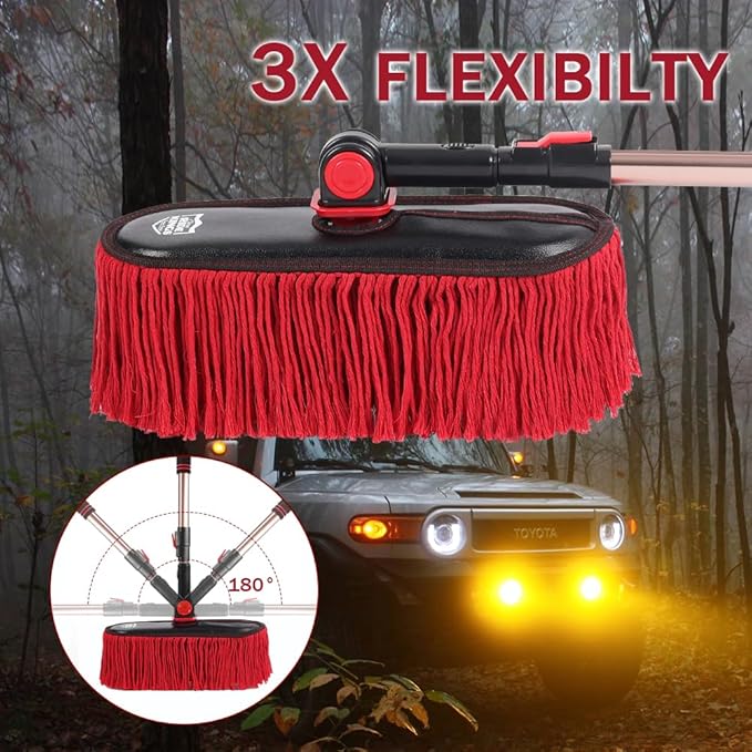 Car Duster Exterior with Extendable Handle Scratch Free Auto Wash Brush Mop Interior Detailing Kit for Truck RV Boat - Wax Cotton Duster &amp Interior Brush Red