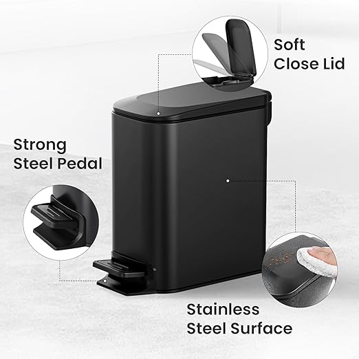 Cesun Small Bathroom Trash Can with Lid Soft Close Step Pedal 6 Liter / 1.6 Gallon Stainless Steel Garbage Can with Removable Inner Bucket Anti-Fingerprint Finish (Matt Black)