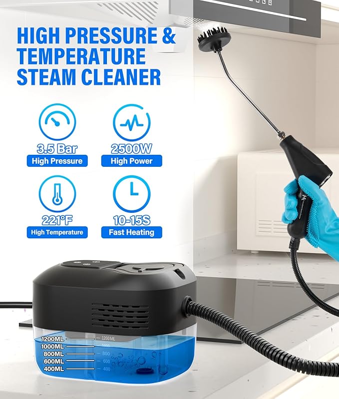 HK Steam Cleaner 6-Level Adjustable Handle 1.2L Tank 15s Heat-Up 2500W Steamer for Cleaning Portable Steamer for Cleaning with 16PCS Accessories Steam Cleaner for Home Dirt Grease Car