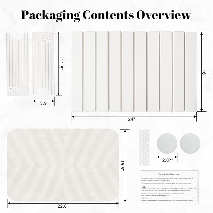 3PCS Set Large Stone Drying Mat for Kitchen Counter Foldable Collapsible Fast Drying Stone Dish Mat Water Absorbing Natural Diatomaceous Earth Bath Mat Quick Dry Stone Tray Bathroom Countertop White