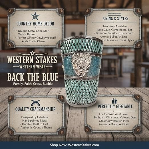 Urbalabs Police Officer Back The Blue Thatch Bathroom Trash Can Office Western Waste Basket Family Faith Cross Buckle Country Wastebasket Office Wire Garbage Can Cowboy Gun Decor Bathroom Decor