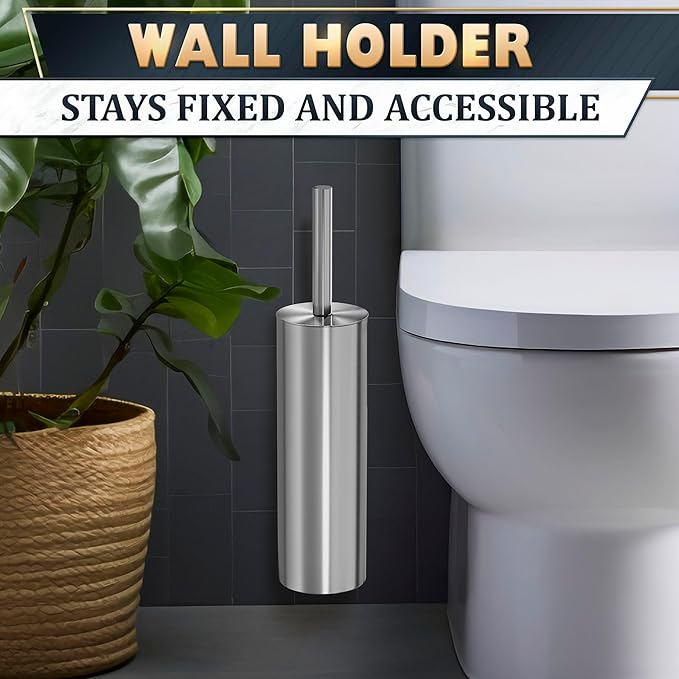Silver Modern Toilet Brush and Holder Set with Wall Mount - Stainless Steel Toilet Brush with Holder - Removable Inner Bowl Shiny Design Splash Protection &amp Dense Bristles for Bathroom Cleaning