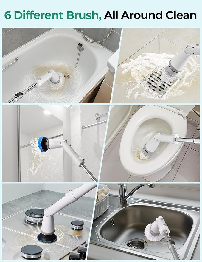 kHelfer Electric Spin Scrubber Kh8 Upgrade Cordless Shower Scrubber 8 Replacement Head 1.5H Bathroom Scrubber Dual Speed Shower Cleaning Brush with Extension Arm for Bathtub Tile Floor