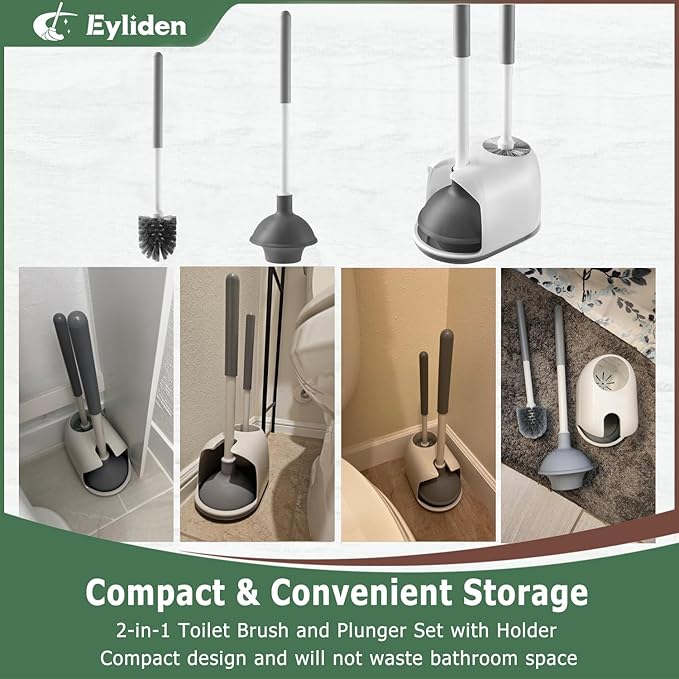 Eyliden Toilet Plunger and Brush 2 in 1 Toilet Bowl Brush Plunger Set with Holder Bathroom Cleaning Tools Combo with Caddy Stand Nylon Bristles Shatter-Resistant Plastic White