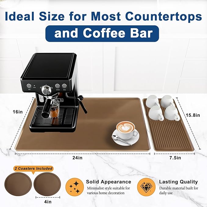 Mrcrypos Silicone Coffee Mat 16X24in - Non-Slip Espresso Countertop Mat Spill Proof Coffee Bar Mat for Kitchen Station with Detachable Dish Drying Mats Fit Cafes &amp Office Countertops Brown