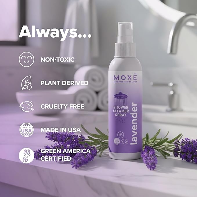 MOXE Lavender Oil Shower Mist Spa Steam Spray Certified Natural 100% Essential Oils Made in USA Aromatherapy Tension Relief (4 FL Oz Pack of 2)