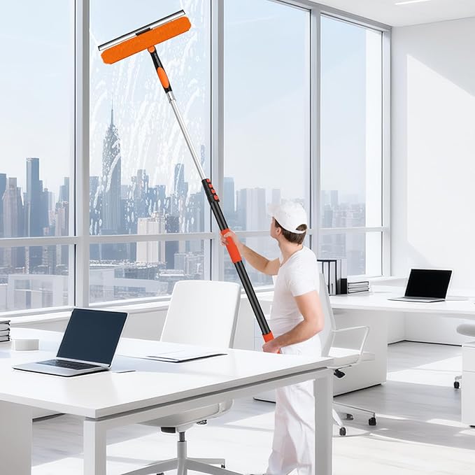 26FT Telescoping Window Cleaning Kit with 14 Squeegee - 2-in-1 Professional Window Scrubber &amp Extension Pole - Extra Long High-Reach Glass Cleaner Tool for Indoor &amp Outdoor High Windows RV