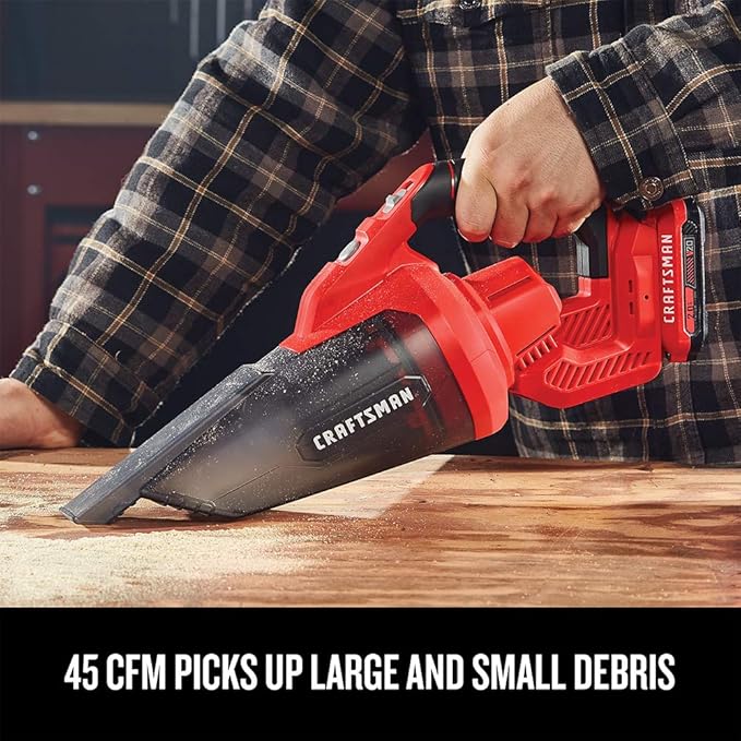 CRAFTSMAN V20 Cordless Hand Vacuum 45 CFM 2 Stage Filtration System with Filter Battery and Charger Included (CMCVH001C1)