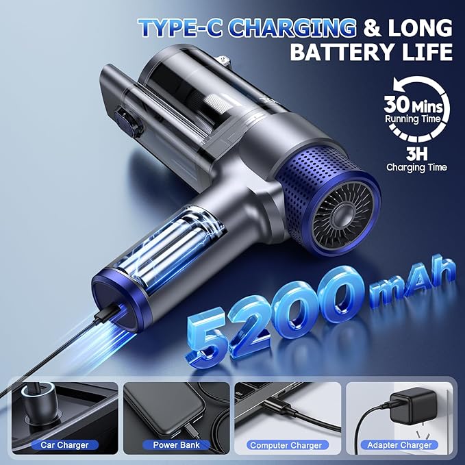 JONYJ Handheld Car Vacuum Cleaner Cordless 16000PA Hand Held Vacuum Portable 2 in 1 Air Duster and Mini Vacuum Cleaner Rechargeable with Led Multi-Nozzles &amp Washable Filters for Home Office Car