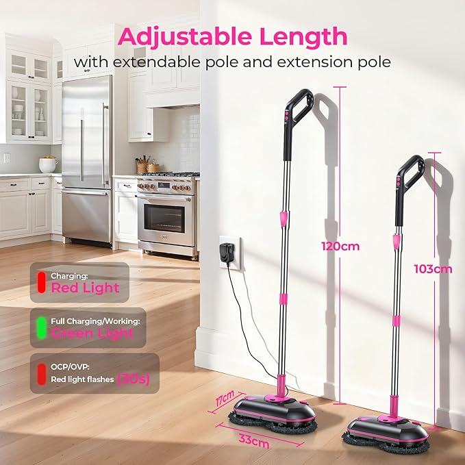 ScrubWiz Cordless Electric Spin Mop with Water Sprayer 300ml Tank Self-Propelled Floor Cleaner for Hardwood &amp Tile Quiet Cleaning Adjustable Handle 2500mAh Long-Lasting Battery Pink