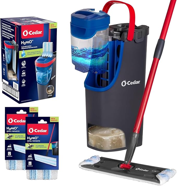O-Cedar H2prO Flat Mop System with 2 Mop Head Refills | Quick Cleaning Tool | Clean with Clean Water | Machine Washable Reusable Microfiber Mop Pad | Safe on Wood Floors VinylTile Baseboards Walls