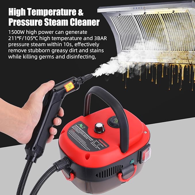 1500W Portable Handheld Steam Cleaner - 105℃ High Temperature Deep Cleaning with Removable Tank and 3 Brushes for Kitchen Bathroom Car Windows (US plug)
